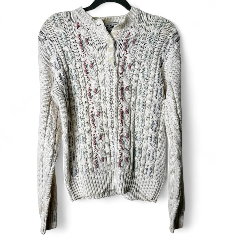 Koret - Vintage Cable Knit Floral Henley Sweater Cottagecore 80s 90s - Sz. S